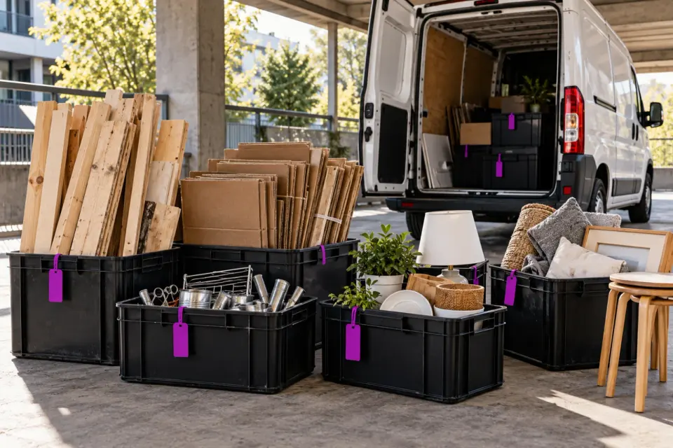 Illustration aus unserer 3D-Szene: drei Gitterboxen auf markierten Flächen für Wiederverwenden, Recyceln und Entsorgen.