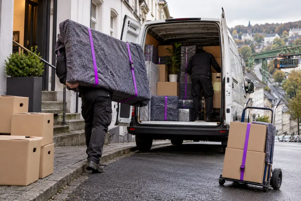 Illustration aus unserer 3D-Szene: Kartons rollen über eine Rampe in den geöffneten Transporter.